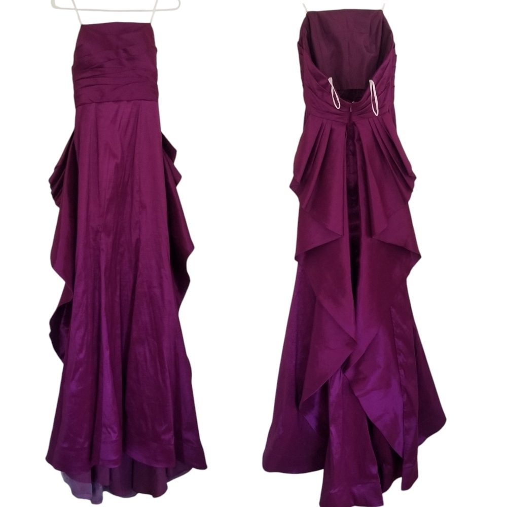 Mac Duggal Purple Strapless Formal Gown Cascading Waterfall Draped Back Size 6